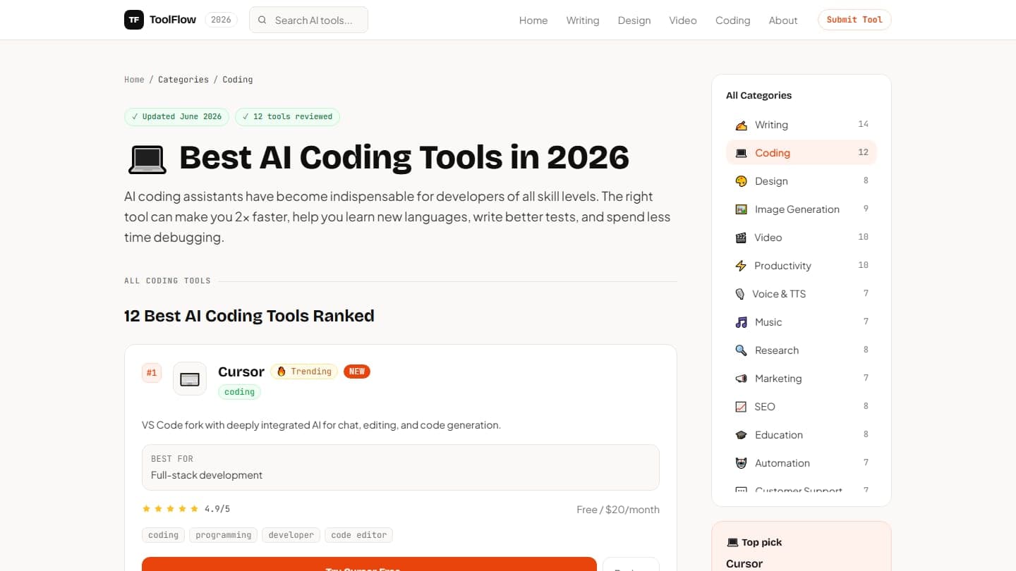 ToolFlow coding category page with ranked tool cards and a category sidebar