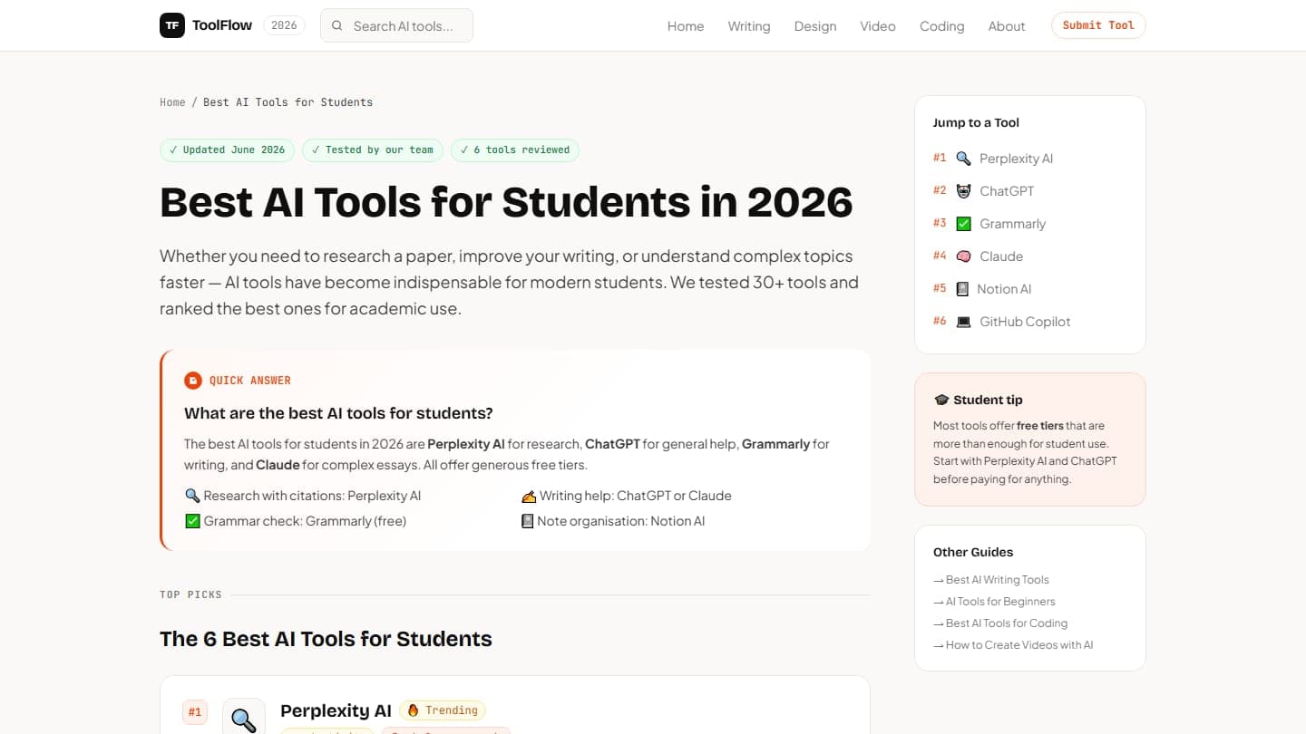 ToolFlow guide “Best AI Tools for Students” with a quick-answer box and a ranked list