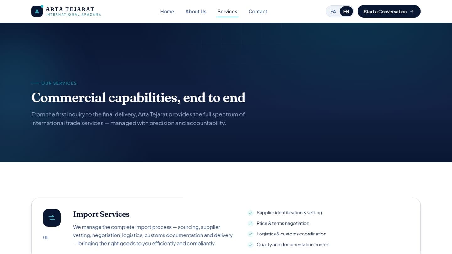 Arta International services page with the import services entry
